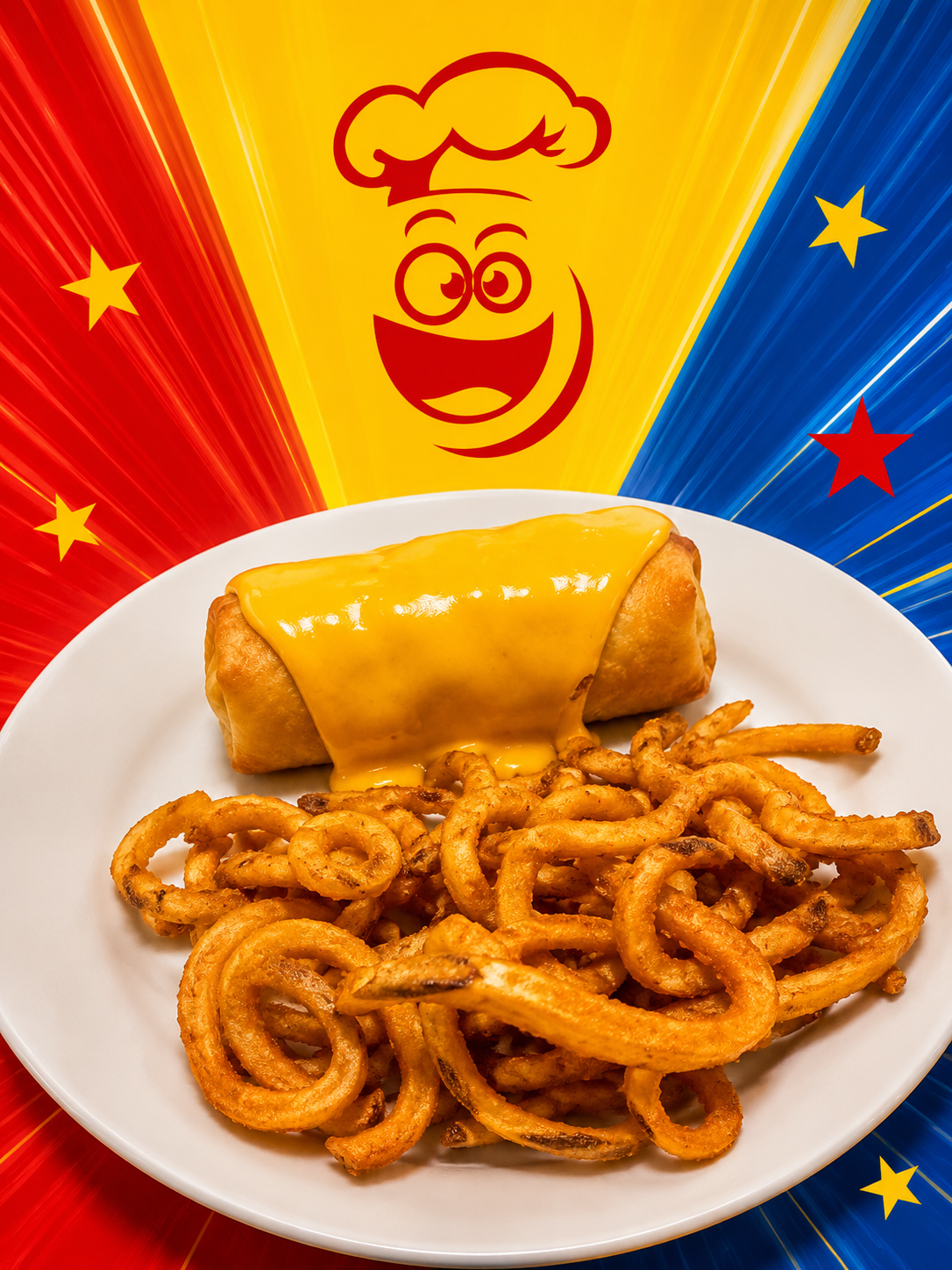 Tequeño cubierto con salsa de queso y papas twist