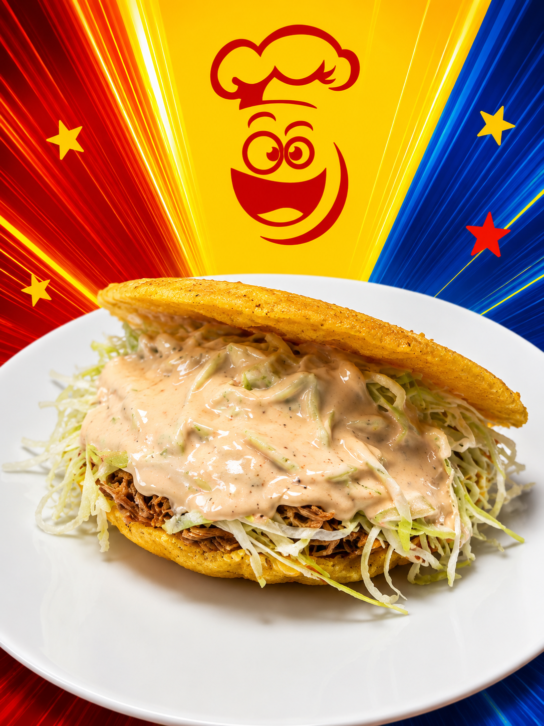 Arepa rellena de carne mechada con repollo y salsa rosada
